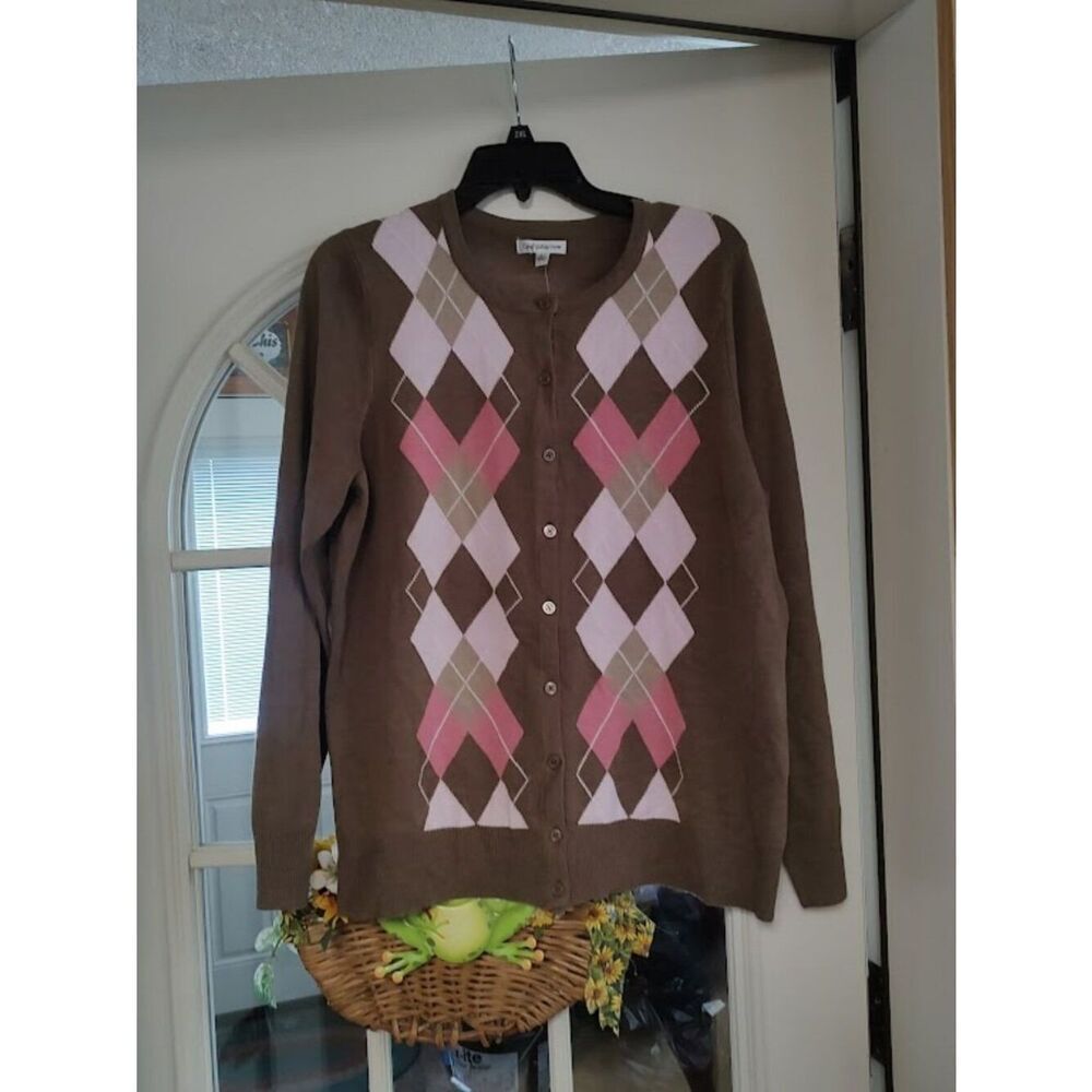 New Croft & Barrow Brown Argyle Button Up Cardigan Women's L